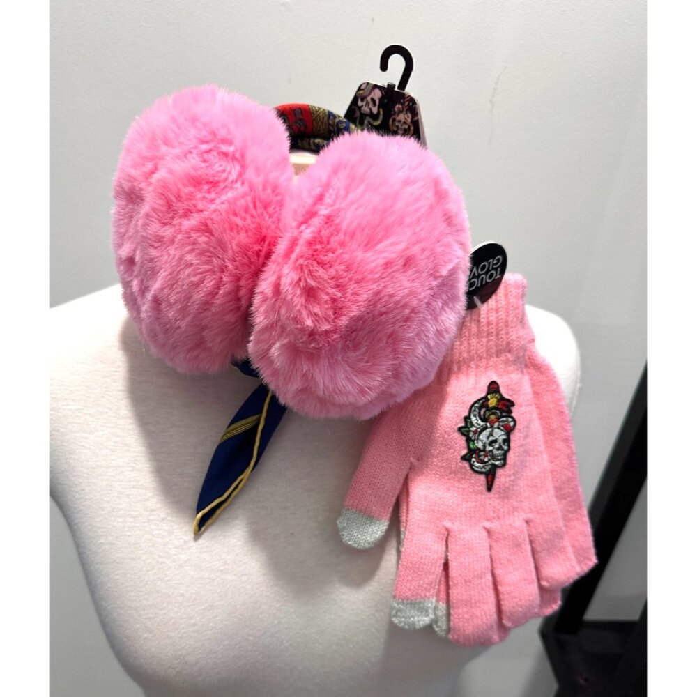 Ed Hardy Pink Faux Fur Earmuffs & Gloves Set New with Tags